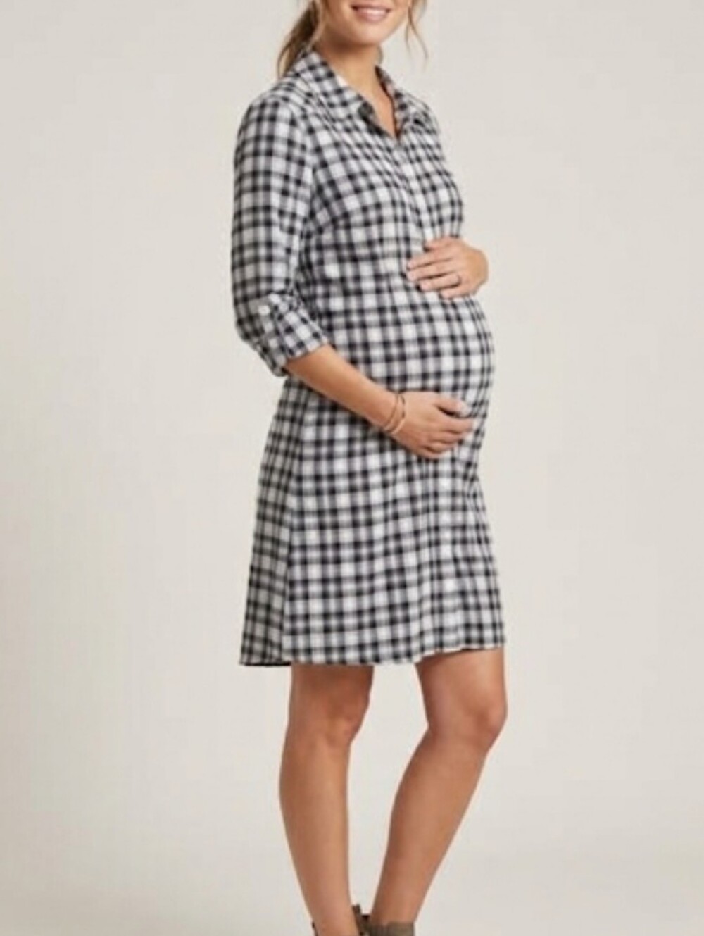 Isabella Oliver Maternity Button Front Shirt Dress Black/White Plaid 3/4 Sleeves